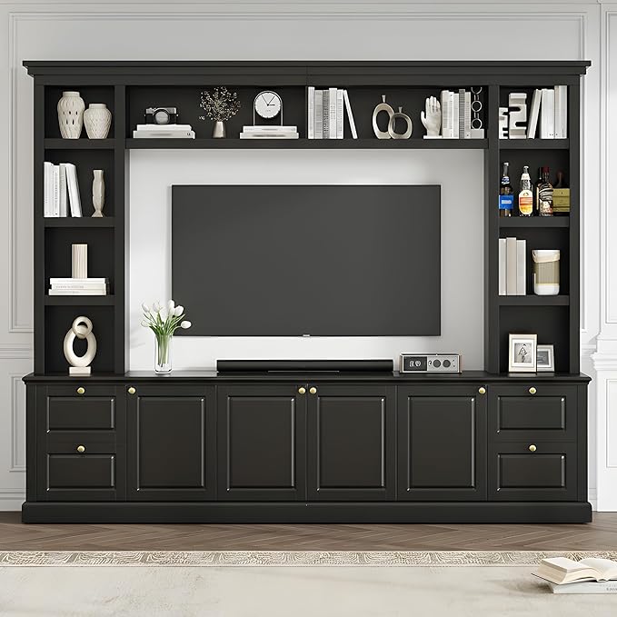 Marzzi Wall Unit TV Stand TVs up to 70", Modern Entertainment Center with 6 Doors Storage Cabinets, Bridge and Bookshelves, Large Media Console, Adjustable Shelves, Painted Finish