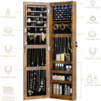 Full Length Mirror Jewelry Cabinet Organizer Lockable Door Wall-Mounted Jewelry Armoire with Shelves and Behind the Door Storage Rustic Brown