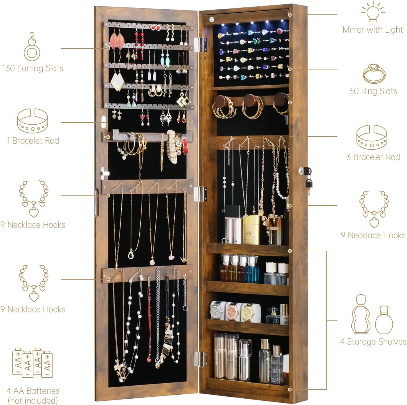 Full Length Mirror Jewelry Cabinet Organizer Lockable Door Wall-Mounted Jewelry Armoire with Shelves and Behind the Door Storage Rustic Brown