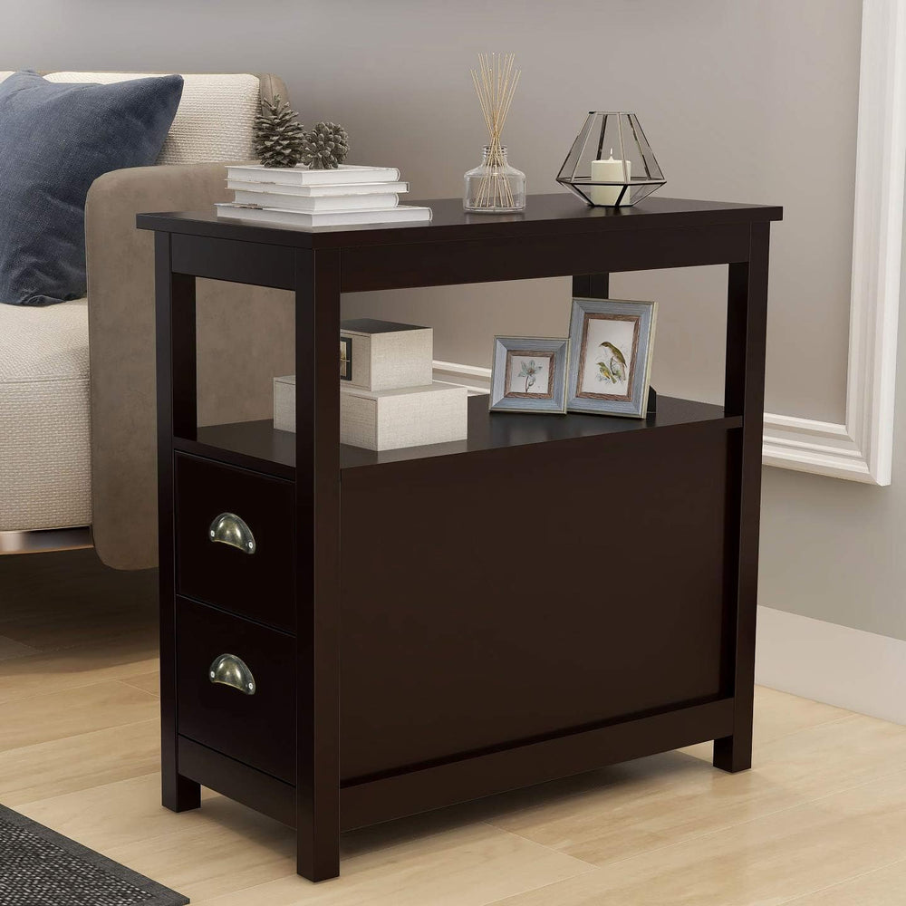 Espresso Narrow Side Table with 2 Drawers & Open Storage Shelf, Wooden Sl...