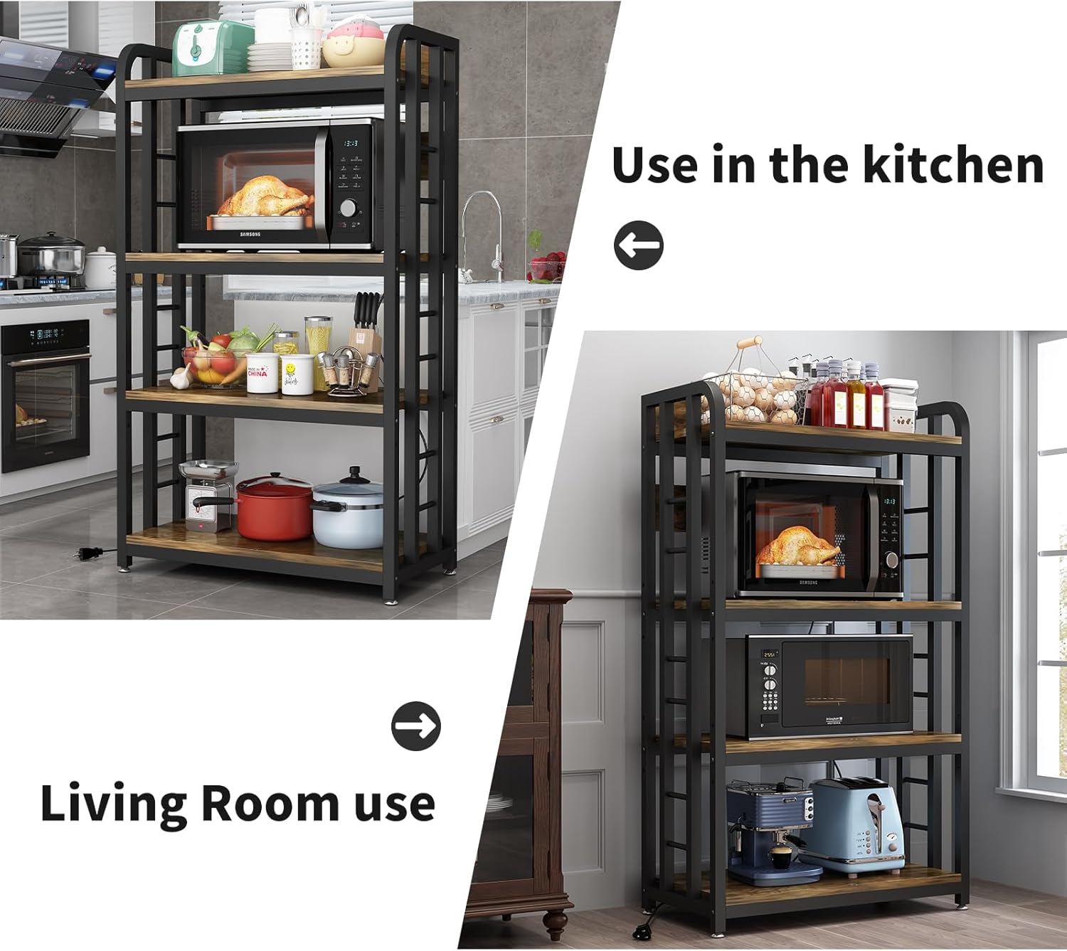SIREDEEP Bakers Rack with Power Outlet ，4-Tier Kitchen Baker's Rack,Microwave Stand with Storage Suitable for Kitchen, Living Room, Dinning Room，Coffee Bar(Rustic Brown)