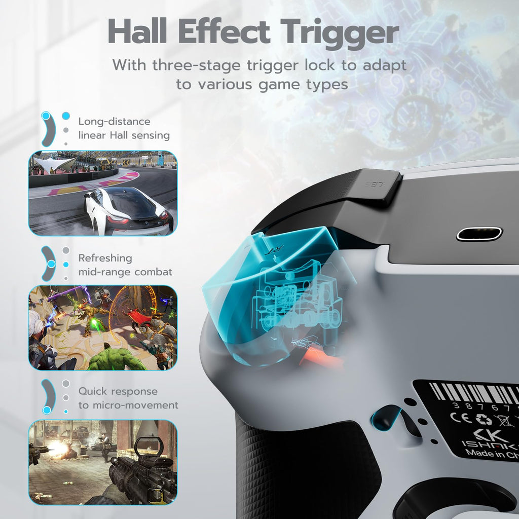 ISHAKO Wireless PC Controller – Gaming Controller with Hall Effect Joysticks, 3-Stage Hall Triggers, 1200mAh Battery, 1000Hz Polling, 4 Back Buttons, RGB Lighting, 1200mAh Battery – Works with Windows, Mac, Steam, Luna, Tesla, iOS, Android, Switch- White