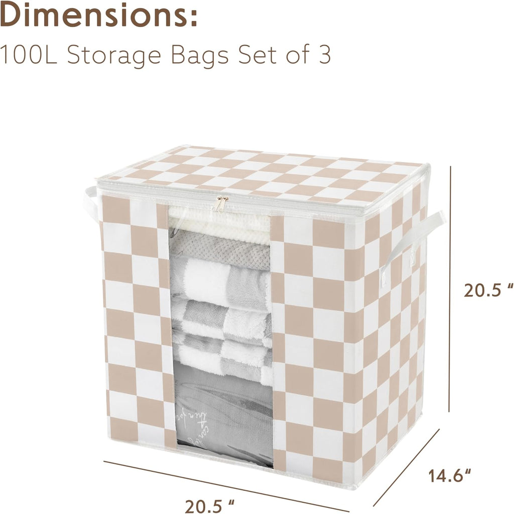 Beige Checkered Clothes Storage Bins, 100L Large Blanket Storage Bags 3 Pack, Closet Organizers and Storage Containers for Comforters, Bedding, Foldable Organizer with Handle