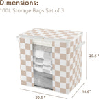 Beige Checkered Clothes Storage Bins, 100L Large Blanket Storage Bags 3 Pack, Closet Organizers and Storage Containers for Comforters, Bedding, Foldable Organizer with Handle