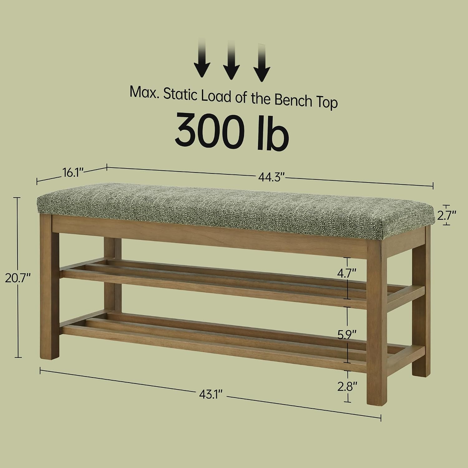 VKNOW 44.3” Entryway Bench, 2-Tier Upholstered Shoe Storage Bench, Green | Shoe Bench with Rubberwood Legs, Shoe Rack for Entryway, Hallway, End of Bed, Living Room