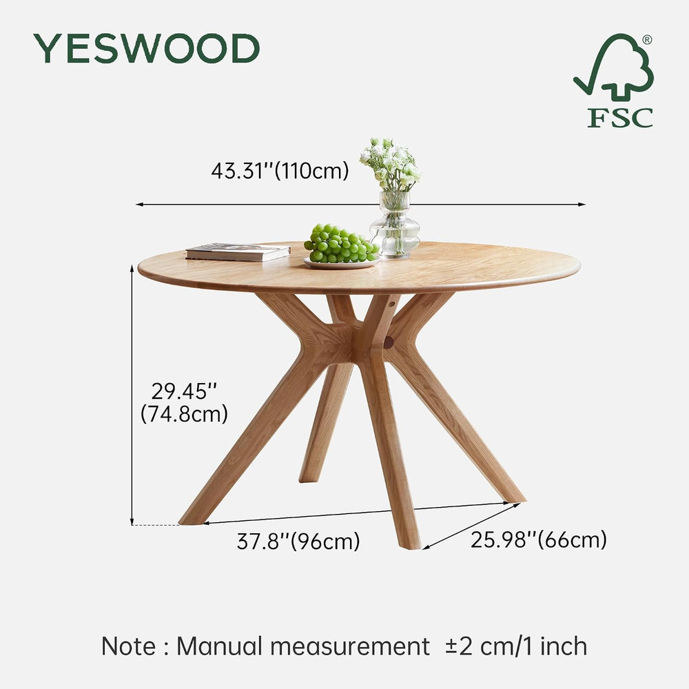 YESWOOD 43.3’’ Solid Wood Round Dining Table for 4, Oak Rustic Kitchen Table ...