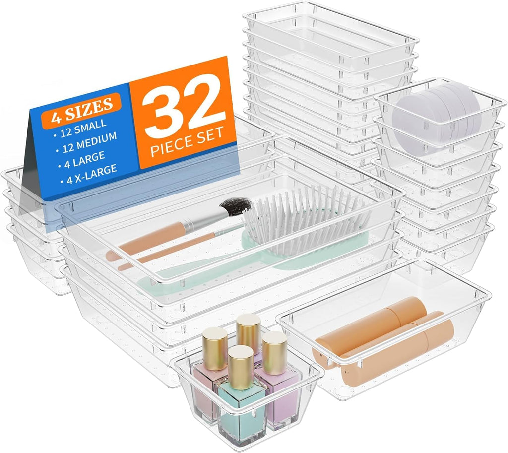 32 PCS Clear Plastic Drawer Organizer Set, 4-Size vanity organizer Trays and Storage Bins for Makeup, Jewelry and Gadgets in Bedroom, Bathroom and Office, Clear