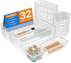 32 PCS Clear Plastic Drawer Organizer Set, 4-Size vanity organizer Trays and Storage Bins for Makeup, Jewelry and Gadgets in Bedroom, Bathroom and Office, Clear