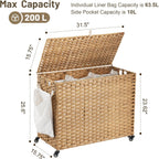 Laundry Hamper with Wheels, 52.8 Gallon(200L) Rolling Laundry Basket with Lid, 3-Section Rattan Clothes Hamper with 3 Removable Liner & 3 Mesh Bags, Laundry Sorter with Side Pocket, Natural