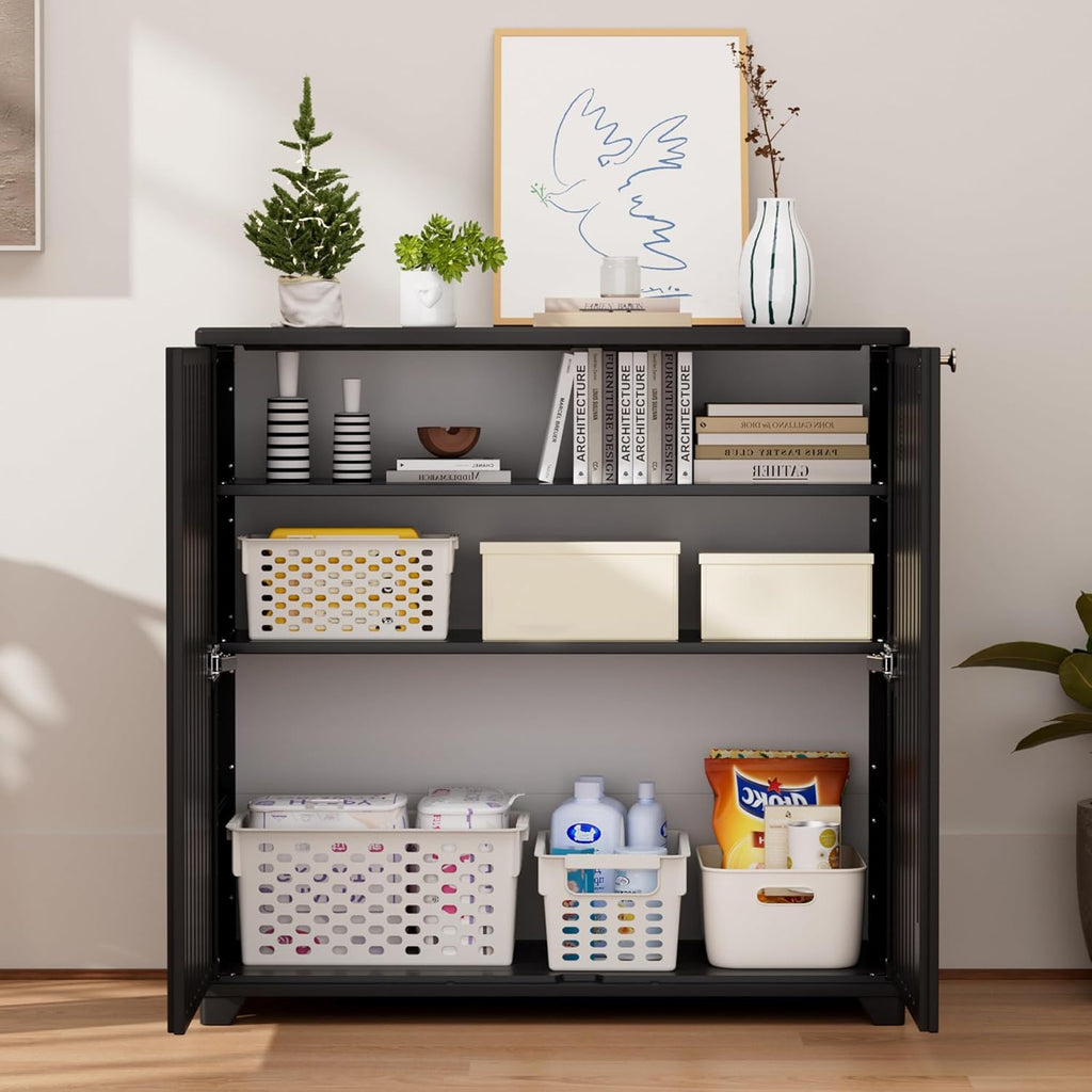 ADDOK Indoor Outdoor Plastic Storage Cabinet 34"x15"x34" with 1 Shelf, Outdoor Storage Shed for Living Room, Hallway, Balcony, Garage, Garden,Black