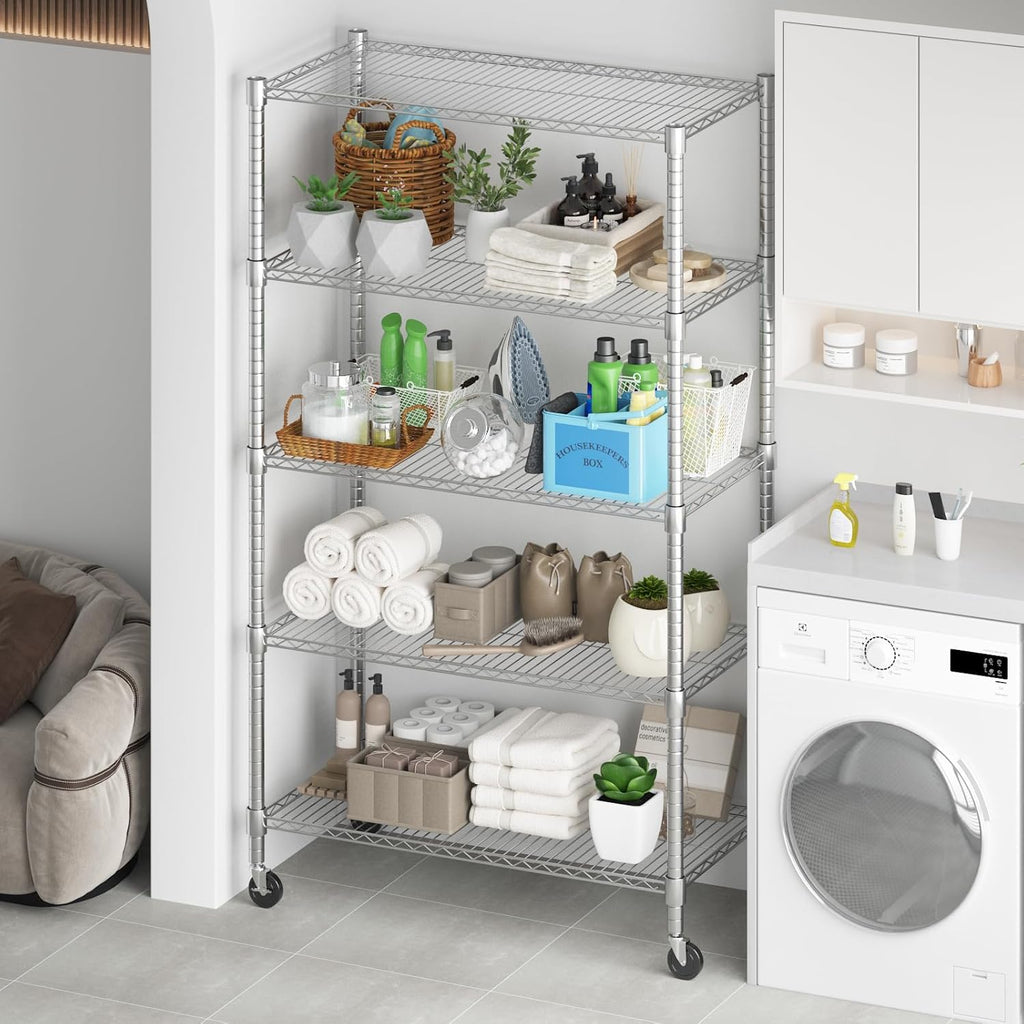 Himimi 5-Tier Heavy Duty Steel Wire Rack Storage Shelving, Adjustable Metal Storage Shelves with Wheels, 82''H Wire Shelf for Kitchen Garage Basement Pantry Organization, 18" D×36" W×82" H-Silver