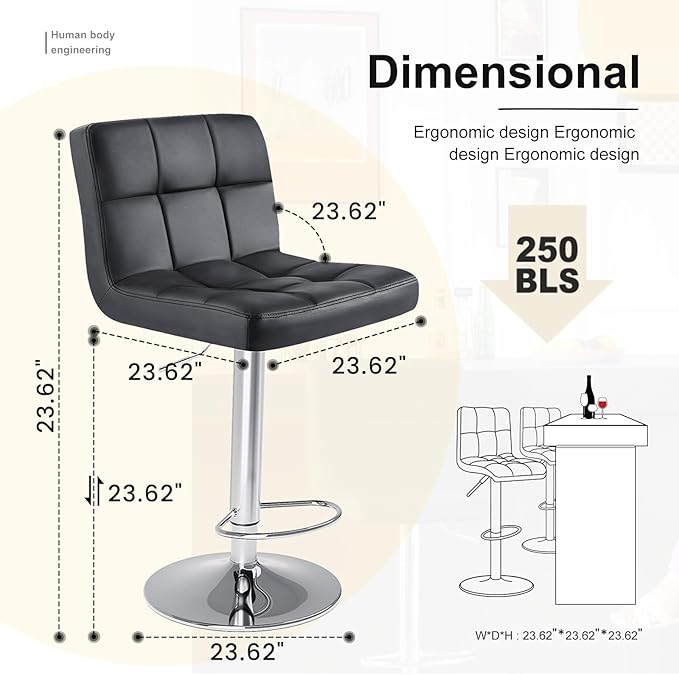DUMOS Bar Stools Set of 2, Armless Adjustable Swivel Barstools, PU Leather Hydraulic Kitchen Counter Height Bar Stools, Thickened Seat Cushion Square Island Barstools with Back, White