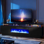 90" Fireplace TV Stand, 2-Tier LED Entertainment Center with 50" Fireplace, Fits TVs up to 100", Modern High Gloss TV Console with LED Lights & Storage Cabinets for Living Room, Black + Black