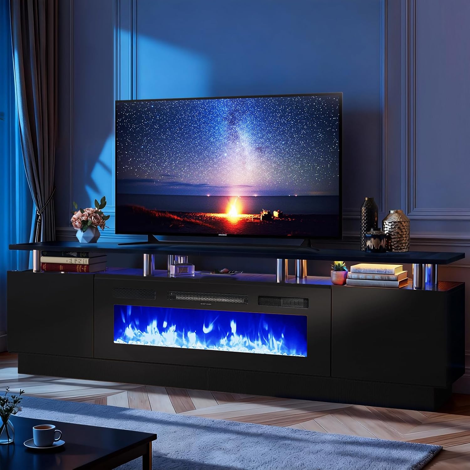 90" Fireplace TV Stand, 2-Tier LED Entertainment Center with 50" Fireplace, Fits TVs up to 100", Modern High Gloss TV Console with LED Lights & Storage Cabinets for Living Room, Black + Black