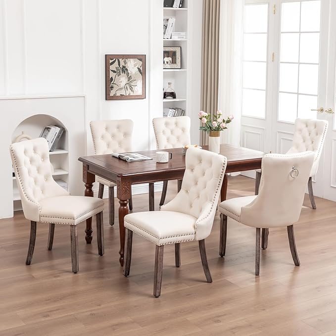 Velvet Dining Chairs Set of 6,Upholstered Dining Chairs with Ring Pull Trim and Button Back,Modern Seating for Kitchen, Bedroom & Living Room(Beige)
