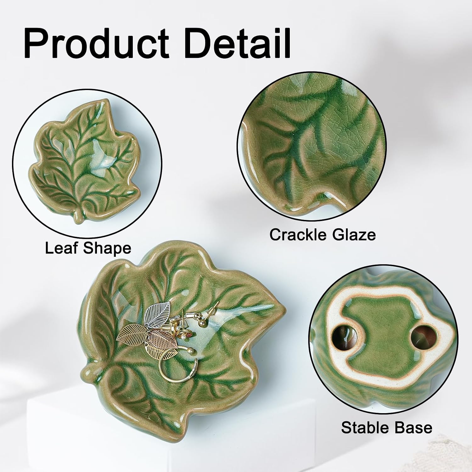 3.5' Green Cute Leave Ceramic Jewelry Tray for Dressing Table | Petite Bowl Keeps Rings, Earrings, Keys, and Keepsakes Visible on Vanities or Dressers, Making a Sweet Gift for Women