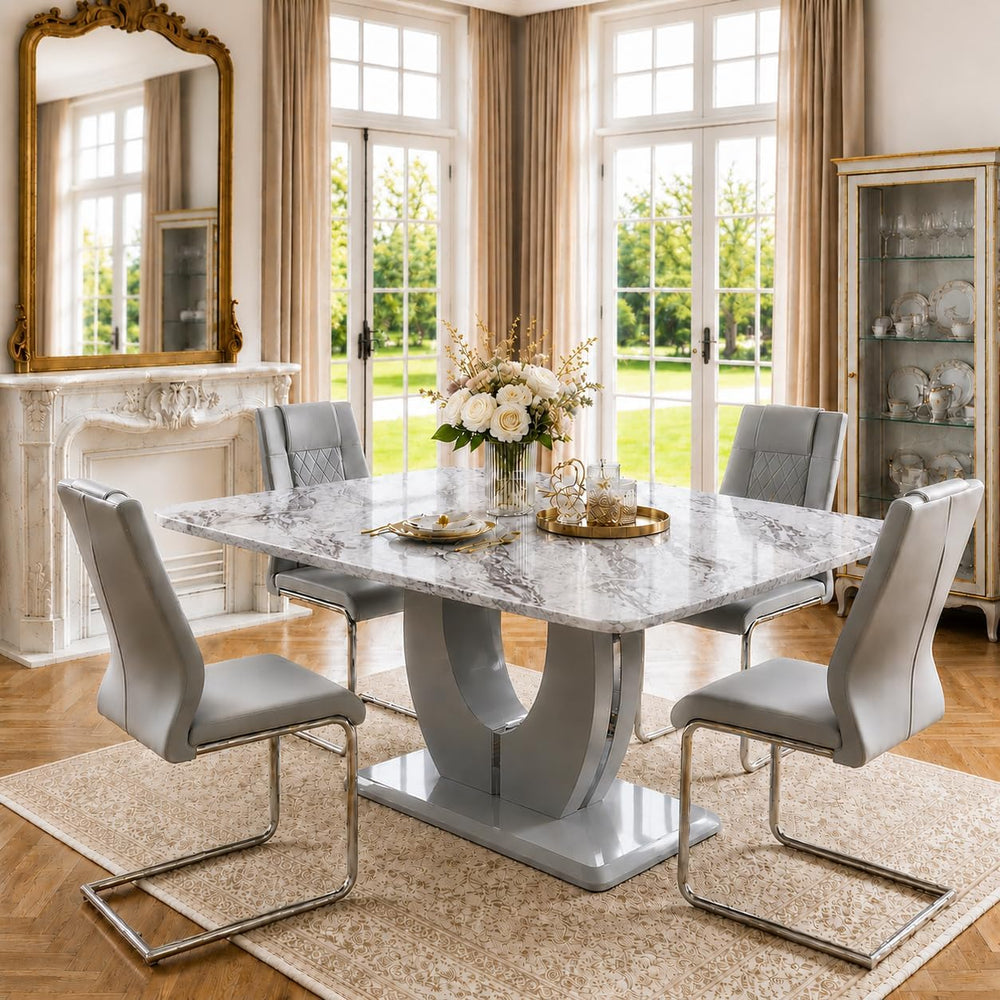 JUFU 5-Piece Dining Table Set for 4, 63-Inch Faux Marble with PU Chairs