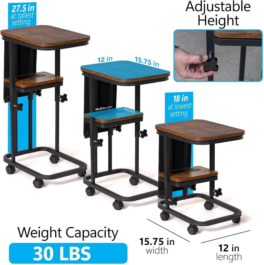 C Shaped End Table with Charging Station, Adjustable Height with Lockable Whe...