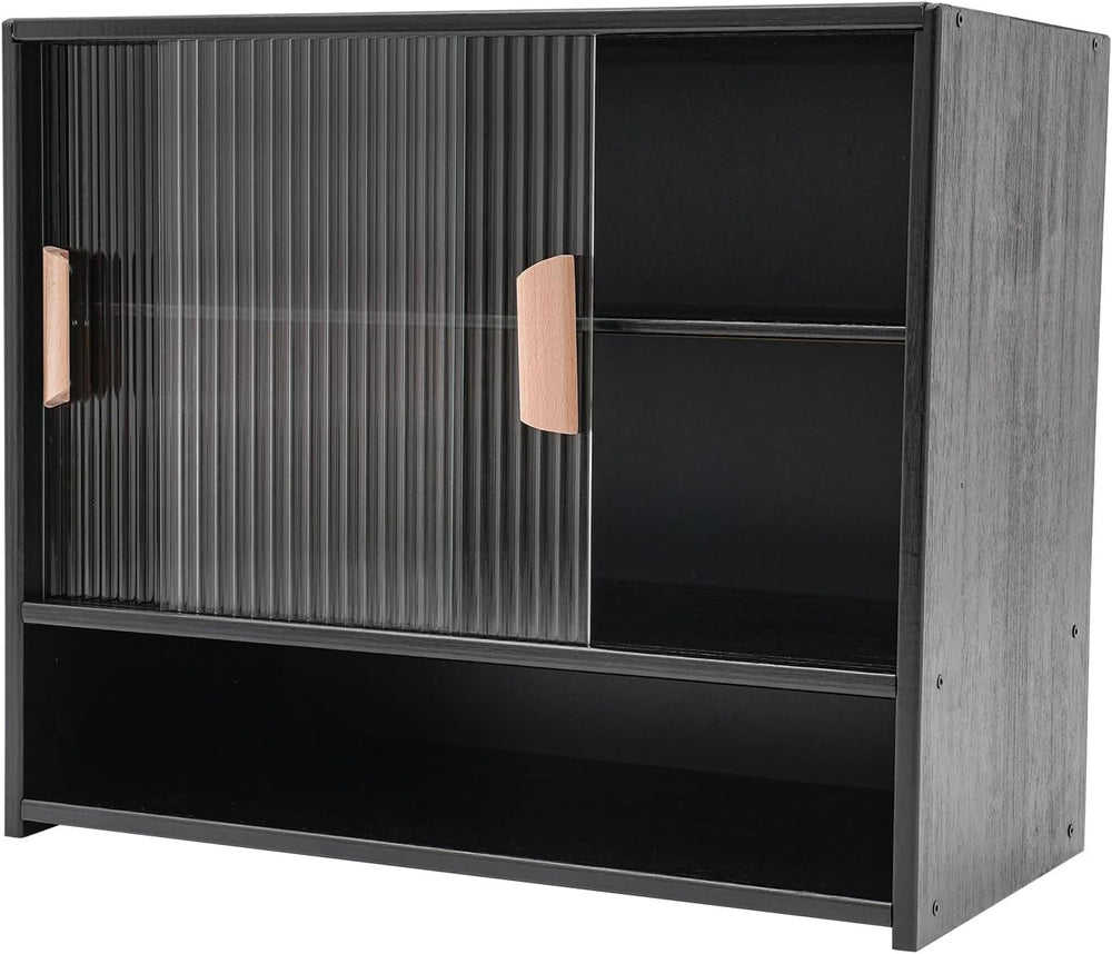 3 Tier Kitchen Pantry Storage Cabinet with with 2 Sliding Striped Glass Doors...