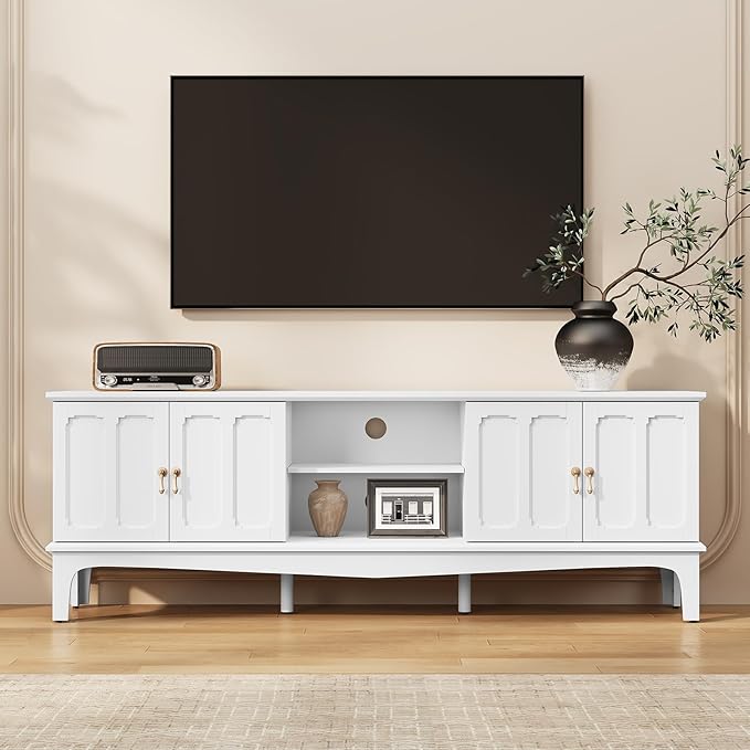 ARTPOWER 67“ Vintage TV Stand for TVs up to 75”, Modern Entertainment Center with Door Cabinets and Open Shelves, Media Console with Storage, White TV Credenza for Living Room, Bedroom