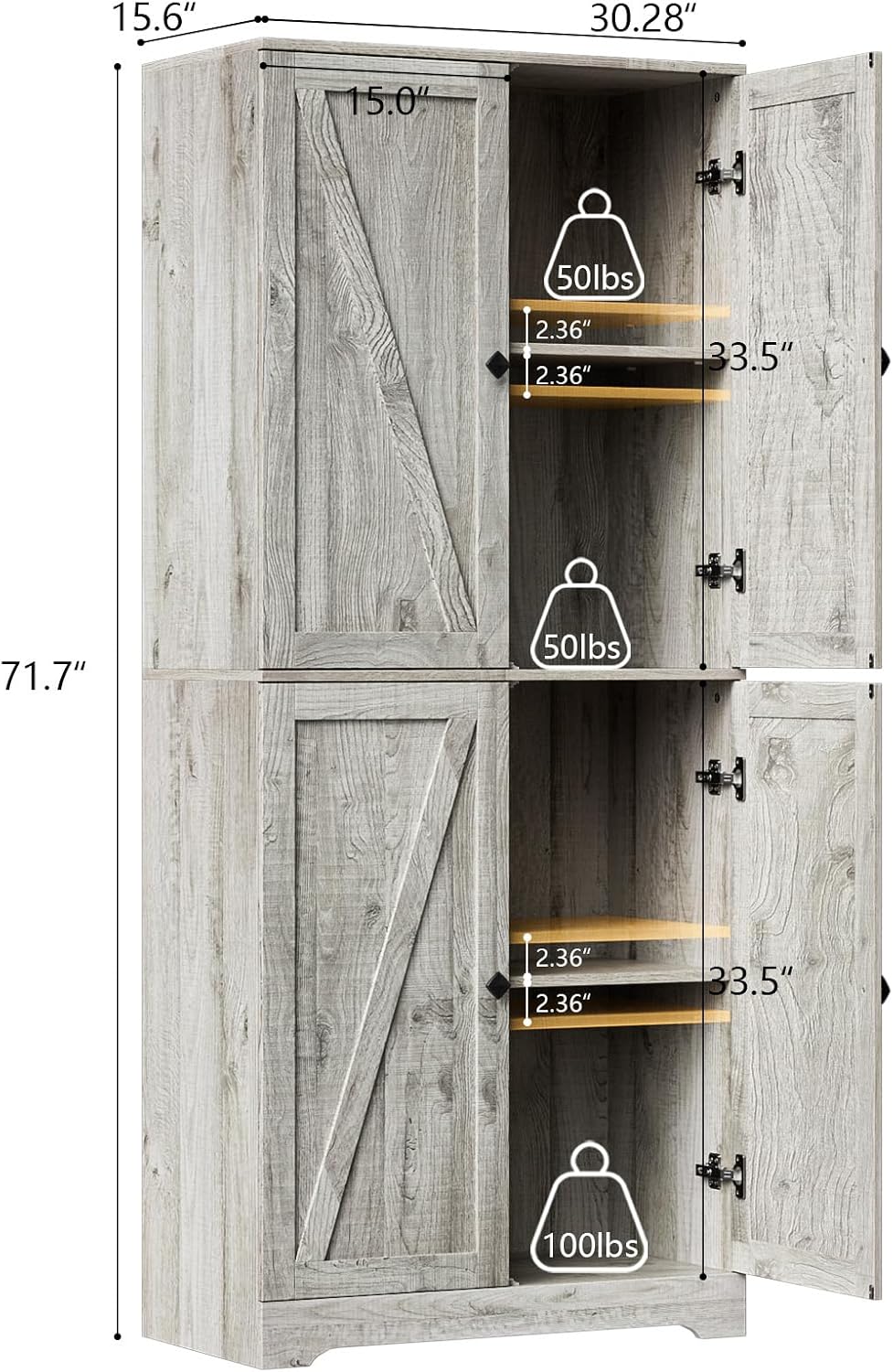 LYNSOM Farmhouse Storage Cabinet with 4 Barn Doors and Adjustable Shelves, Gr...