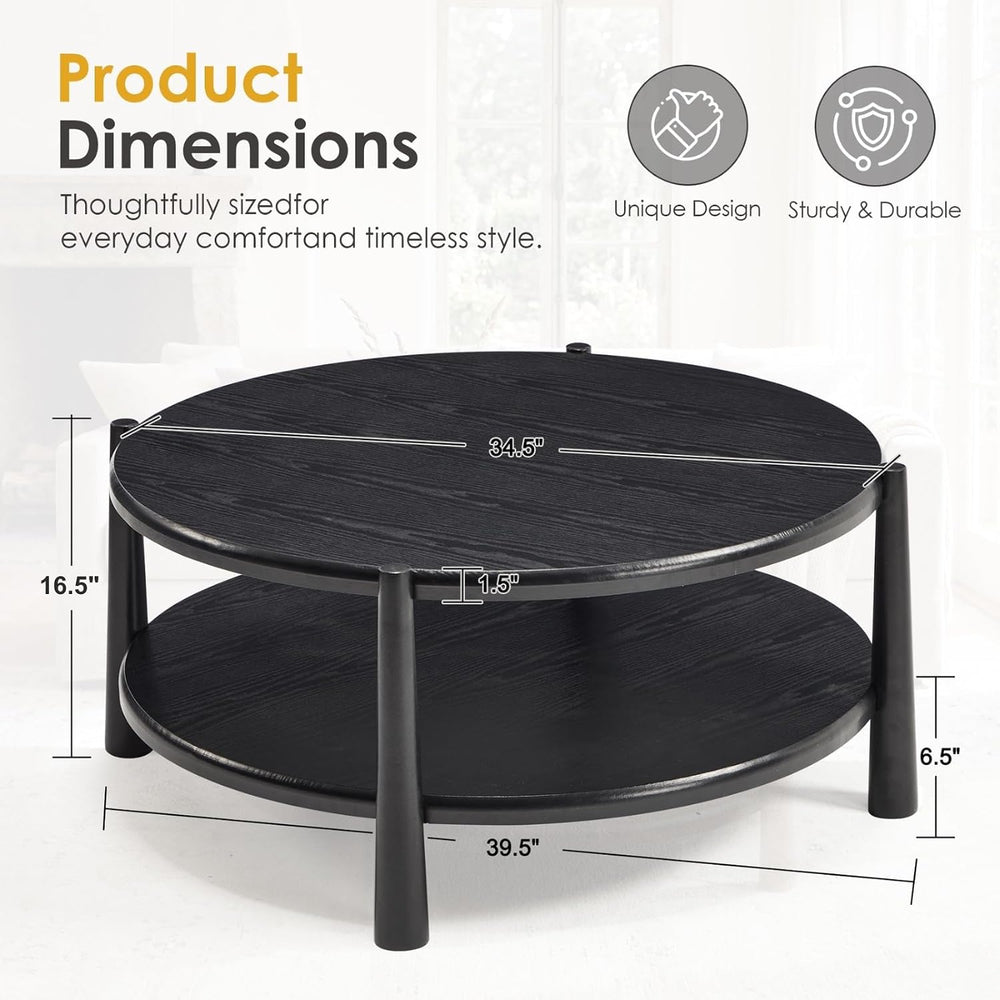 Black Round Coffee Table with Open Storage Shelf