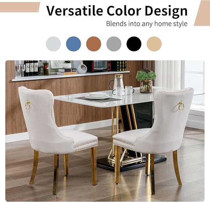 Luxury Upholstered Dining Chairs Set of 8, Beige Kitchen Chair with Golden Metal Legs, Velvet Tufted Back Dining Chair, Sillas de Comedor, Modern Kitchen & Dining Room Chairs (Beige, 8 Pcs)