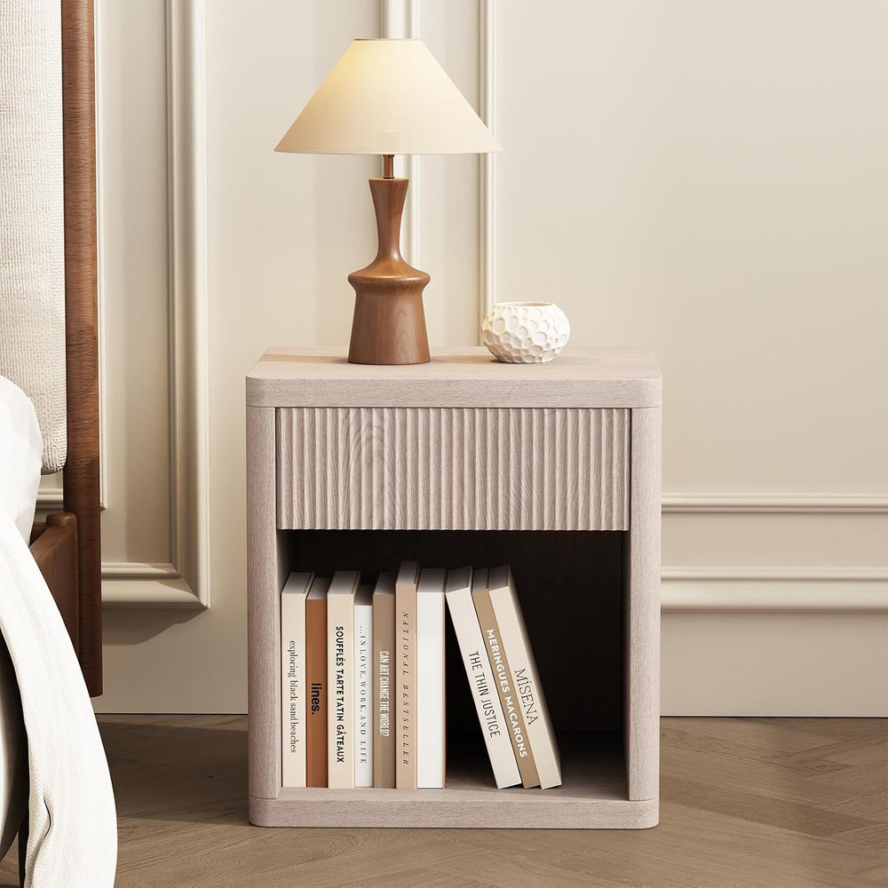 OLIXIS Set of 2 Modern Nightstand, 22.7" Fluted Drawer Wood Bedside Tabl...