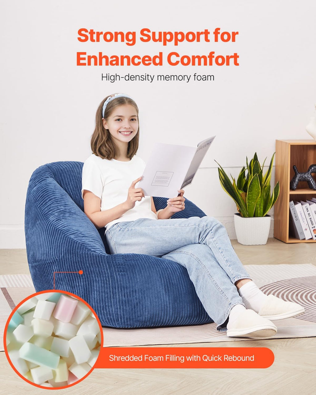VEVOR Bean Bag Chair, 3 feet Bean Bag Chair with Soft Armrests and Storage Pocket, 25D Memory Foam Filled with Soft Teddy Velvet Cover, Bean Bag for Bedroom or Playroom, Blue