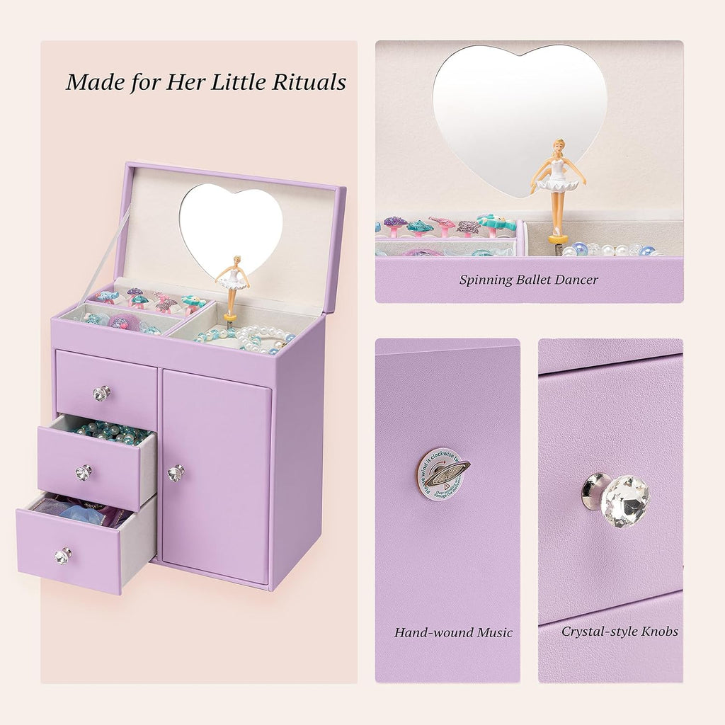VLANDO Musical Jewelry Box, Upright Rectangular, Purple | Spinning Ballerina, For Necklaces, Rings and Hair Accessories, Jewelry Box Organizer, Gift for Girls and Kids