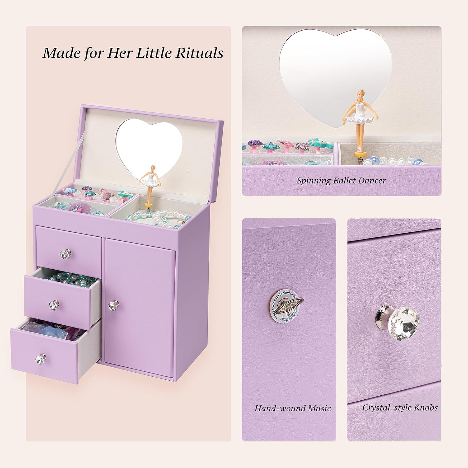 VLANDO Musical Jewelry Box, Upright Rectangular, Purple | Spinning Ballerina, For Necklaces, Rings and Hair Accessories, Jewelry Box Organizer, Gift for Girls and Kids