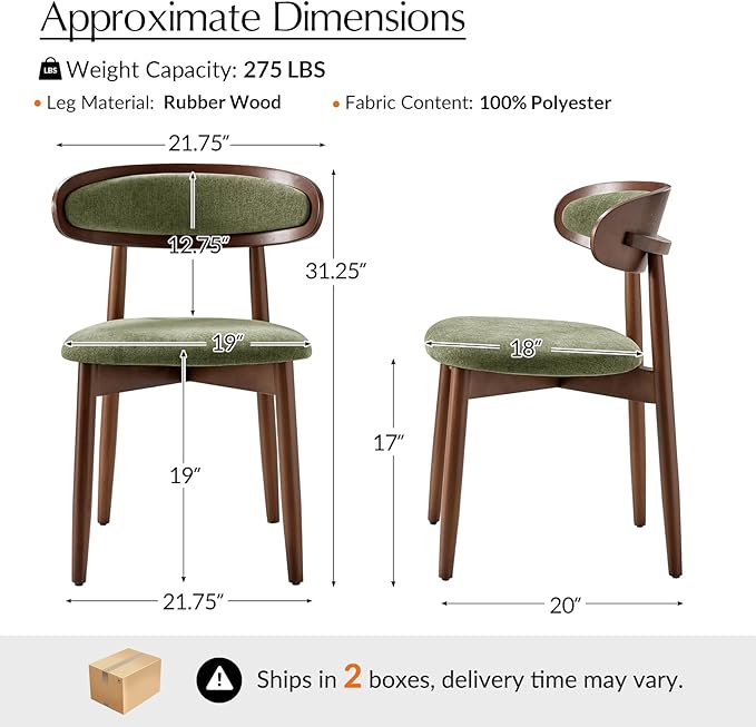 HULALA HOME Dining Chairs Set of 4 Mid-Century Modern Fabric Upholstered Dining Room Chairs Kitchen Side Chair with Open Curved Back, Walnut Rubber Wood Legs, Dinner Chairs for Living Room, Olive