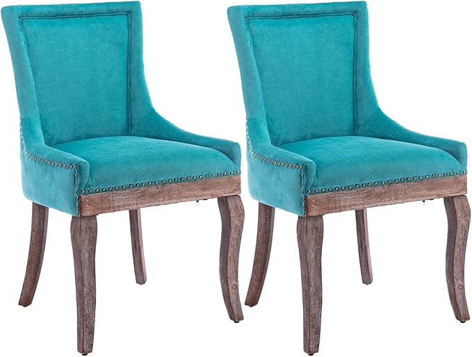 Modern Dining Chairs Set of 2, High Back Dining Chairs Side Chairs with Solid Wood Legs, Upholstered Fabric Dining Room Chairs for Dining Room Kitchen, Lake Blue