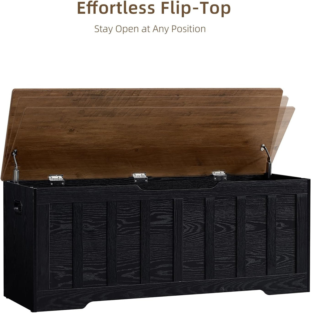 VANKILEY 47.2“Storage Chest Extra Large,Wooden Storage Bench,Black+Brown | Storage trunk with 2 Safety Hinges,47.2x15.7x19.1Inch,Shoe bench,Storage Bench for Bedroom,Living Room,Entryway,Easy Assembly
