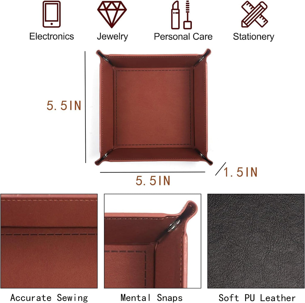 Valet Tray Organizer, 5.5" Square Catch All Tray for Men & Women - for Nightstand, Entryway,Desk & Dresser Top | Jewelry & EDC Holder for Watches, Rings, Keys, Wallet, Phone, Glasses