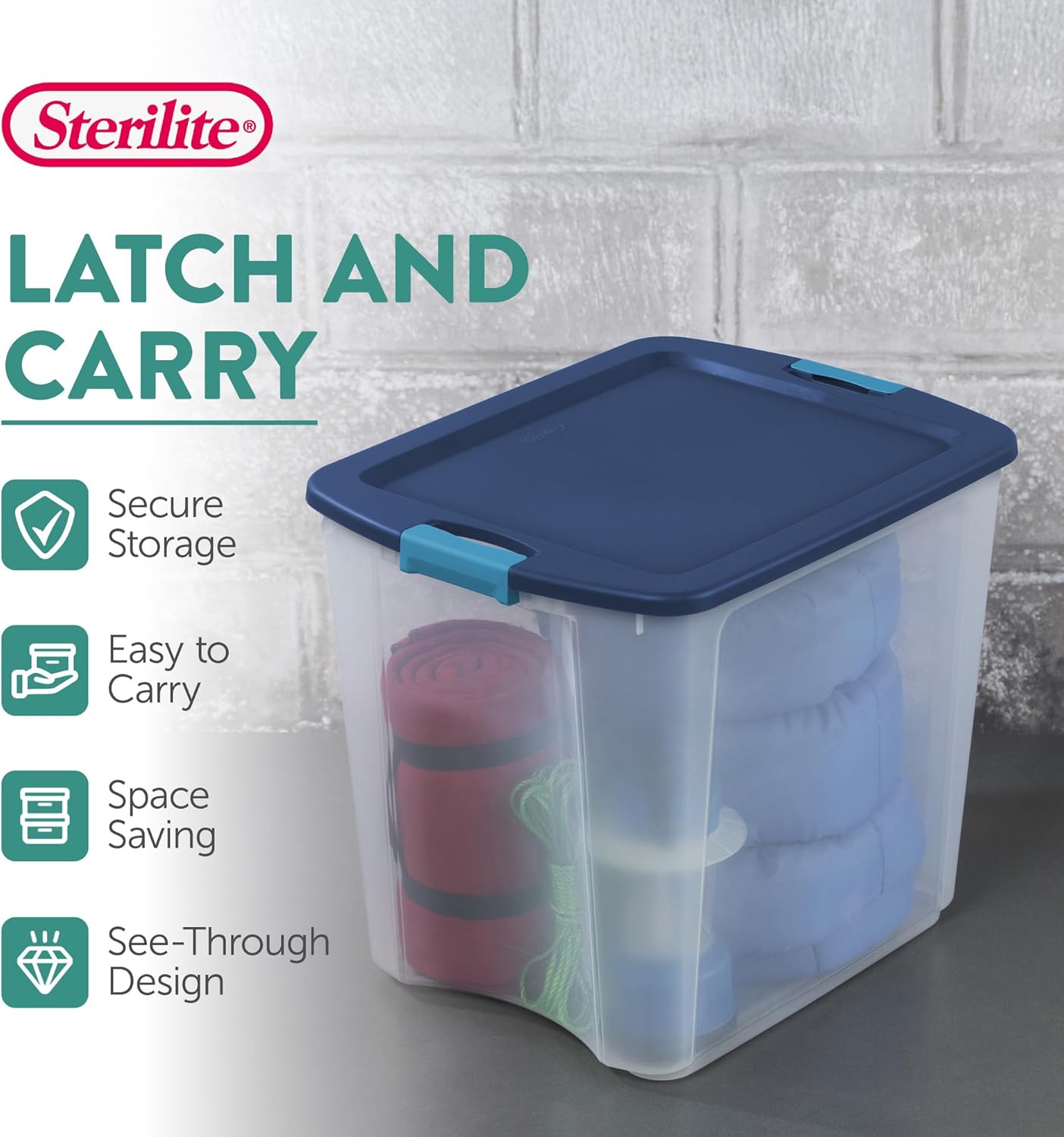 Sterilite 12-Pack Latch and Carry, Clear Plastic Storage Bins with Latching Lids and Full-Grip Handles, 27 Gallon