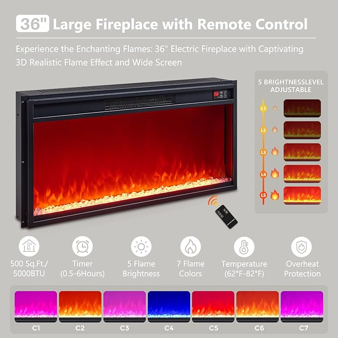 Modern Fireplace TV Stand with 36" LED Electric Fireplace for 80 inch TVs, 32" Tall Entertainment Center w/Drawers &Adjustable Shelves, Wood Media Console w/Curved Profile Design for Living Room,White