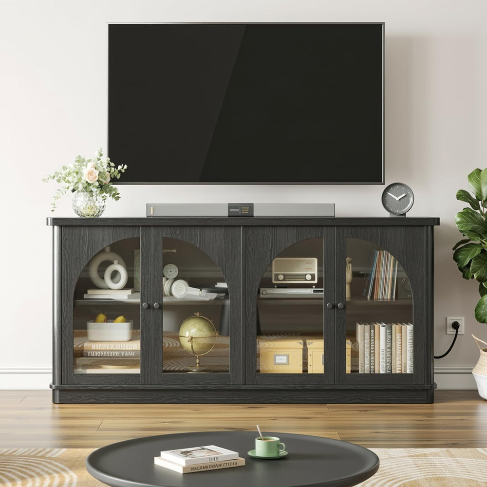 ONBRILL 63 Inch Sideboard Buffet Cabinet with Glass Doors and 4 Doors Black