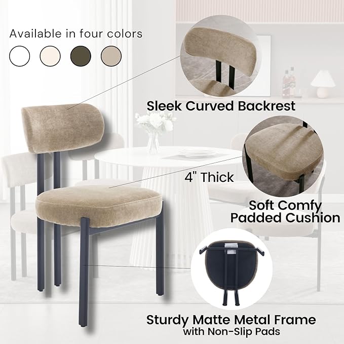 LukeAlon Chenille Dining Chairs Set of 4, Modern Curved Back Upholstered Dining Room Chairs with Black Metal Legs, Khaki