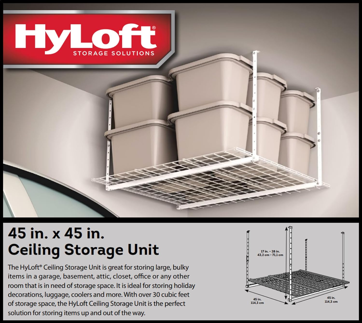 HyLoft Overhead adjustable Garage Storage Rack,Heavy Duty Steel Garage Storage System, 45-Inch x 45-Inch, White