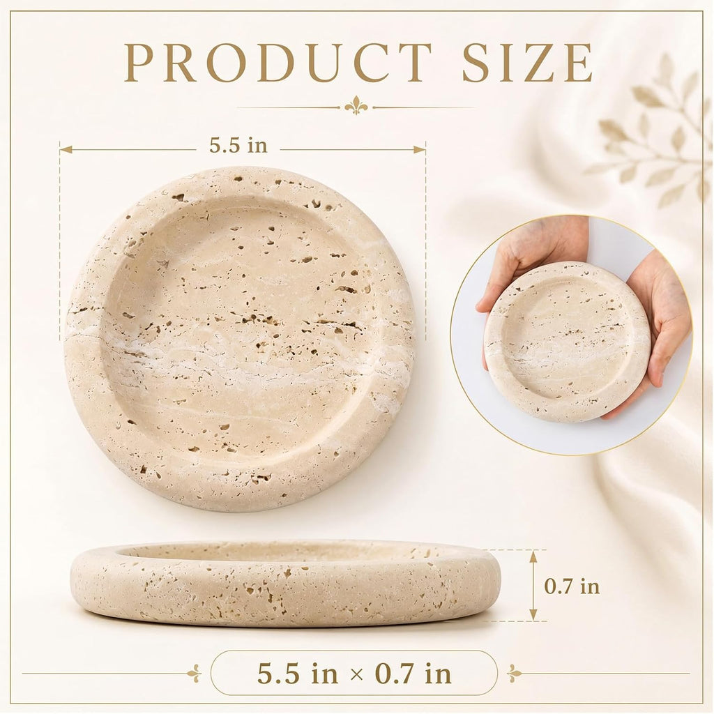 5.5 Inch Small Travertine Stone Tray Marble Jewelry Dish Trinket Tray for Women, Perfume, Coffee Table (Round)