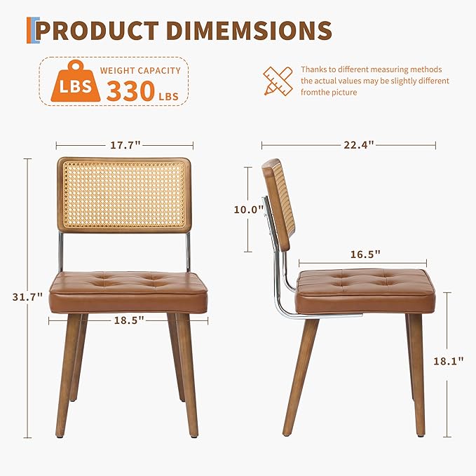 GarveeHome Natural Rattan Dining Chairs Set of 4, PU Upholstered Kitchen Chairs with Tall Cane Backrest and Strong Wood Legs for Dining Room, Kitchen, Restaurant, Brown