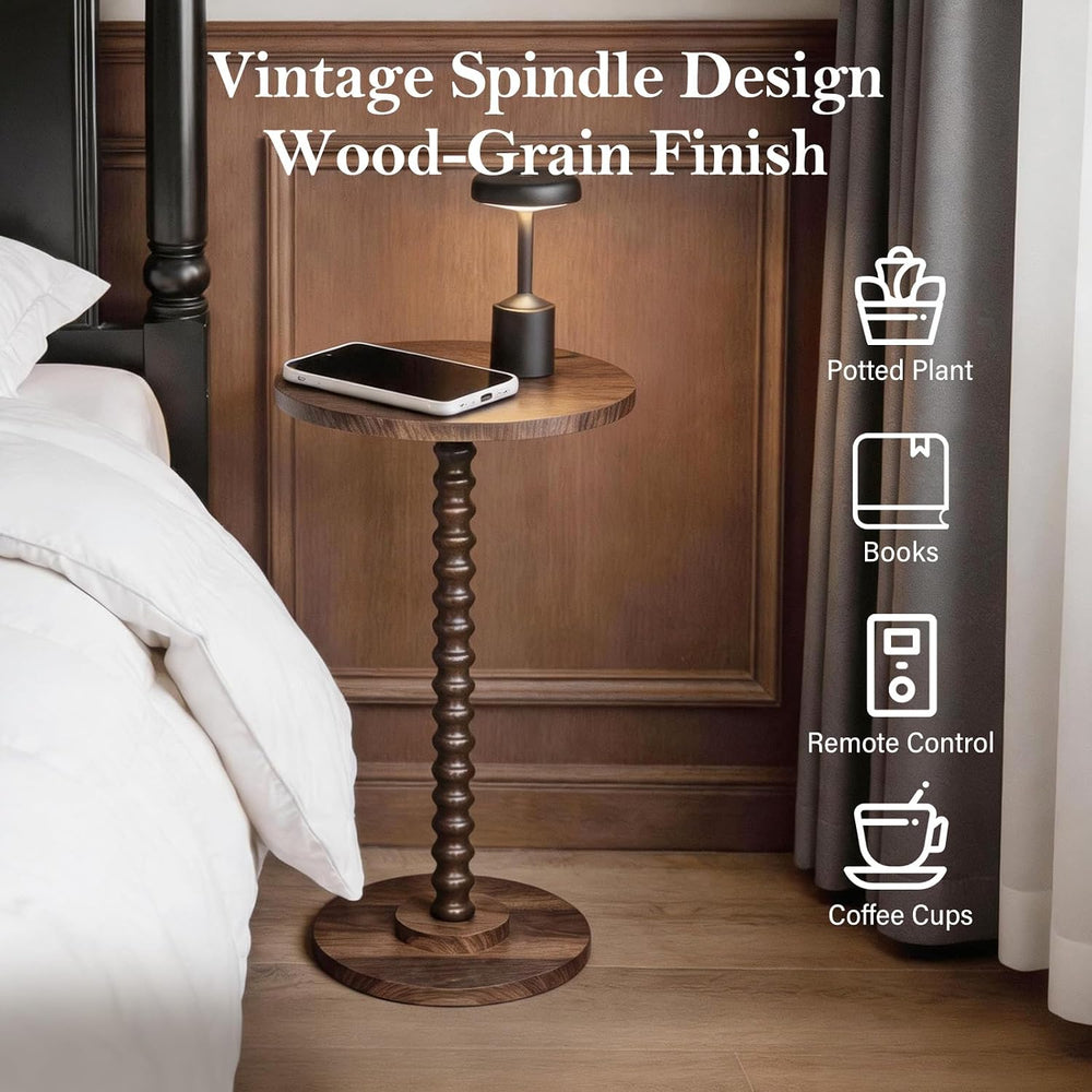 Round Side Table, Walnut Martini Drink Table for Small Spaces, Modern Pedesta...