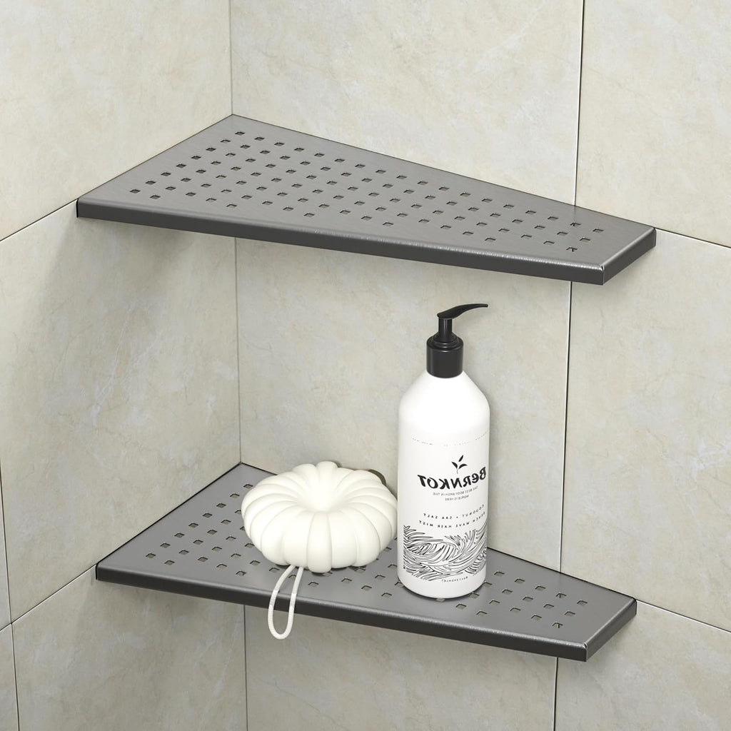 Corner Shower Shelf, 12" Trapezoid Grout in Shelf 304 Stainless Steel Grid Design Recessed Bathroom Shelf for Tiled Wall (Gunmetal, 12"-2 Pack)