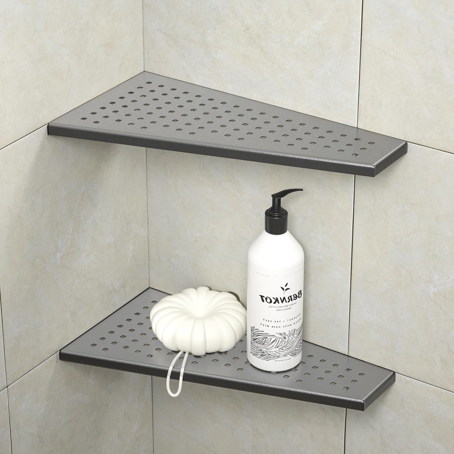 Corner Shower Shelf, 12" Trapezoid Grout in Shelf 304 Stainless Steel Grid Design Recessed Bathroom Shelf for Tiled Wall (Gunmetal, 12"-2 Pack)