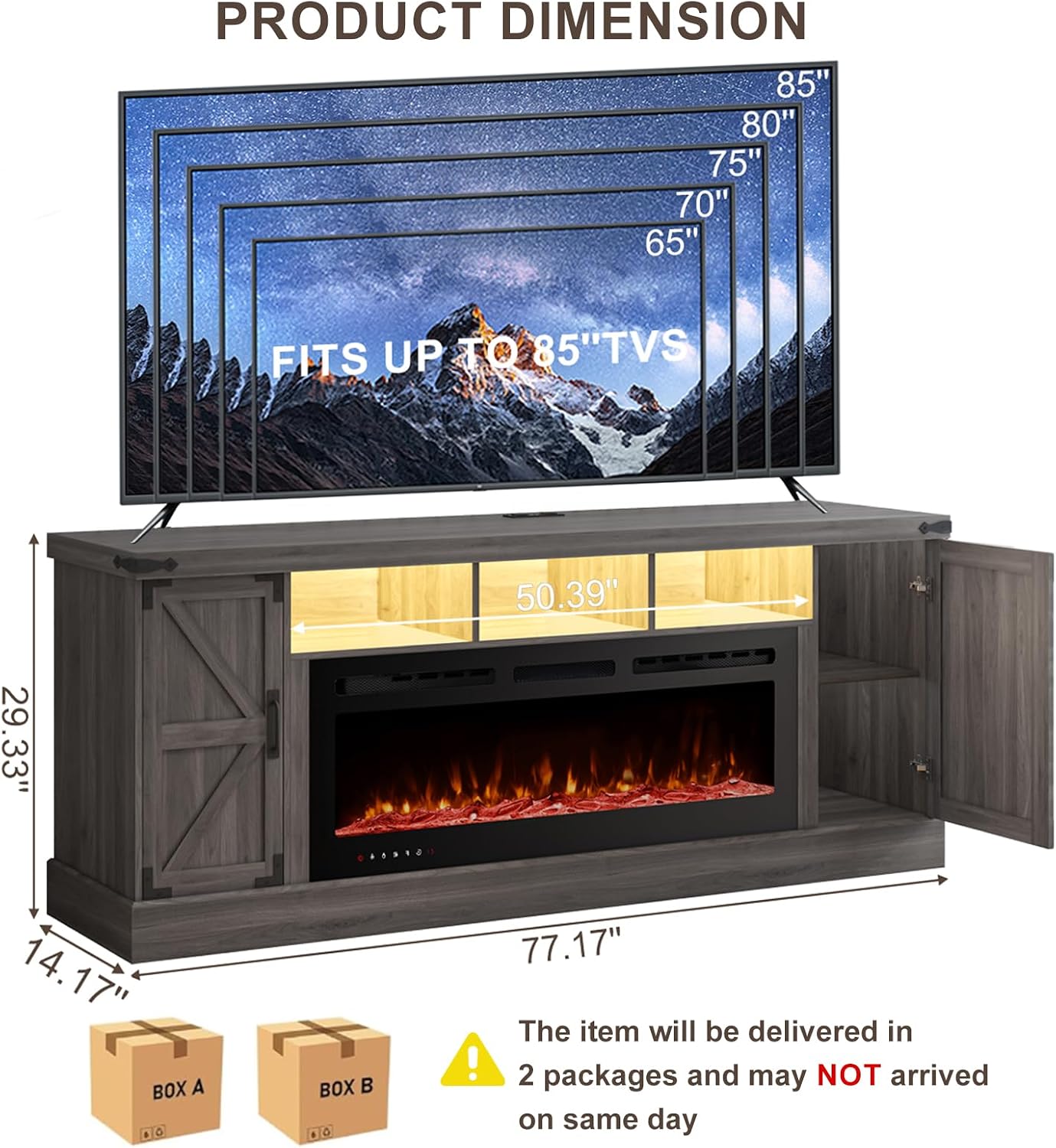 77 INCH Fireplace TV Stand for 85 Inch TVs, Farmhouse Entertainment Center with 50" Electric Fireplace and Power Outlets, LED Media Console Cabinet for Living Room, Grey