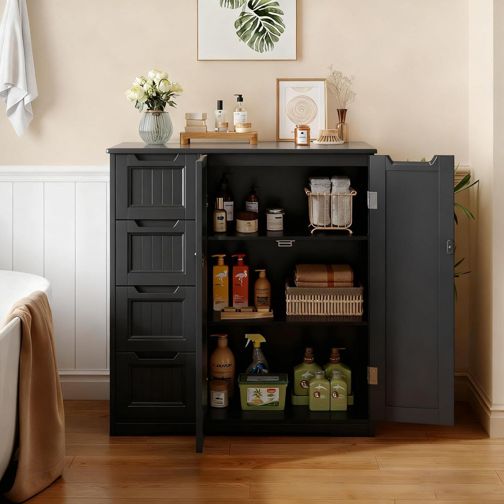 Gizoon Wooden Bathroom Floor Cabinet, Side Storage Organizer Cabinet with 4 D...