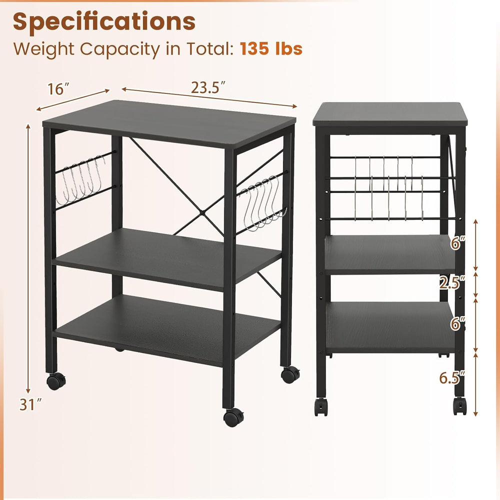 GIANTEX Kitchen Bakers Rack 3-Tier Microwave Cart on Wheels, Industrial Utili...