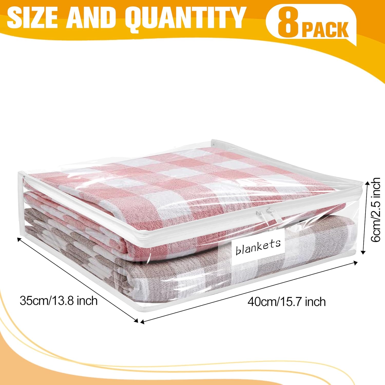 Plastic Storage Bags with Easy-Glide Zipper, Pack of 6, Durable Clear Vinyl Zippered Storage Bags for Clothes Sweaters Comforters Blankets Sheets Bedding (15.7 x 13.8 x 2.5 Inch)