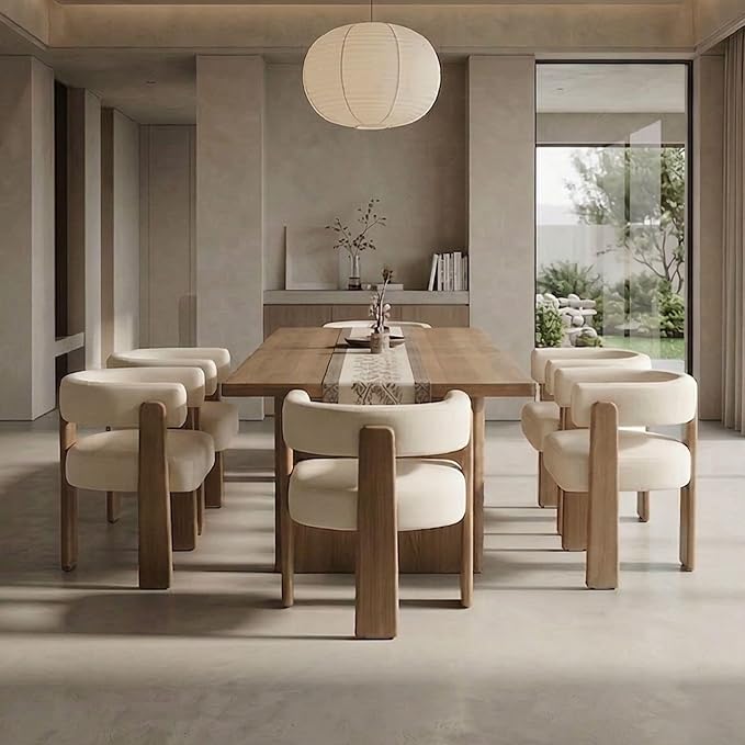 Set of 6 Modern Boho Barrel Dining Chairs with Wood Legs, White Upholstered Accent Armchairs with Thick Padded Cushion for Kitchen, Minimalist Natural Chic Chairs for Living Room